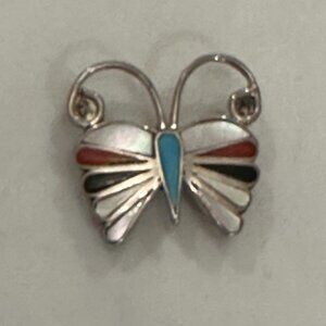 Butterfly Pin Pendant Native American Made Turquoise Coral Onyx Abalone SS